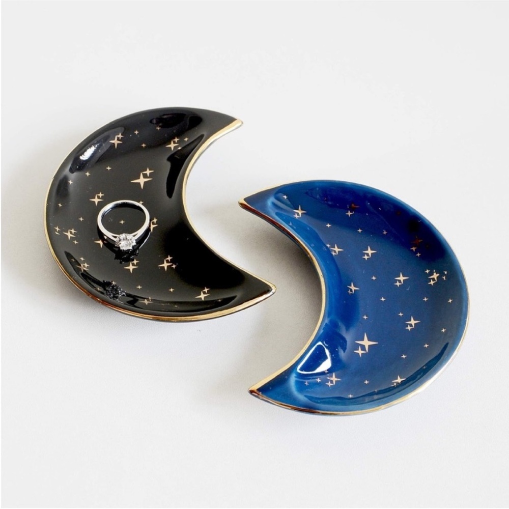 Astrology Star Black Gold Moon Jewelry Trinket Ring Dish Ceramic Glass Holder - Picture 7 of 8